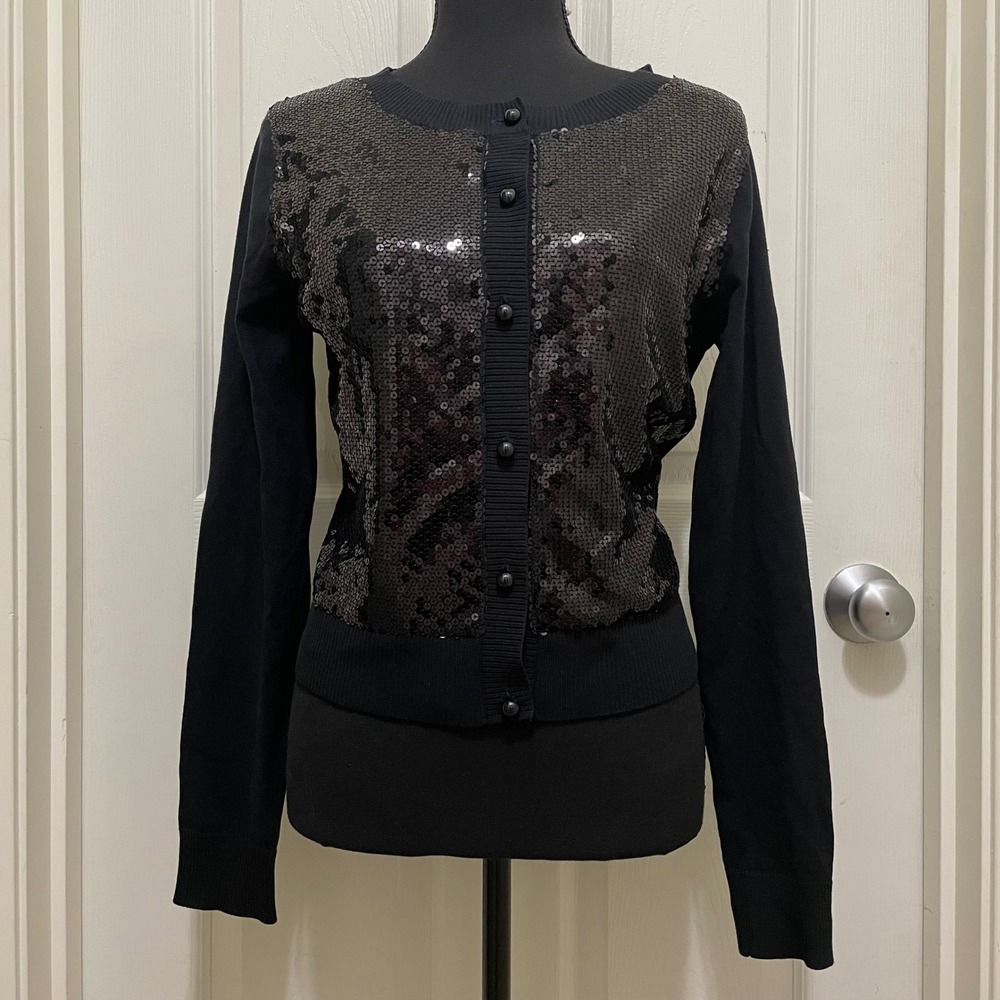 Worthington‎ Button Front Black Sequin Cardigan Knit Sweater Silk Blend Medium